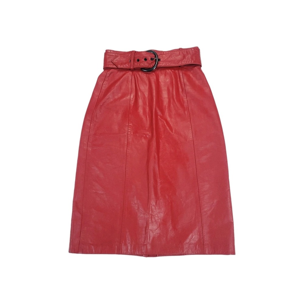 Vtg Whimsigoth Leather Pencil Skirt Belted Laurice 5/6 Romantic Red 80s Mob Wife